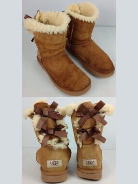 Ugg Australia Womens 8 Chestnut Tan Sherpa Lining Ribbon Bailey Bow Boots